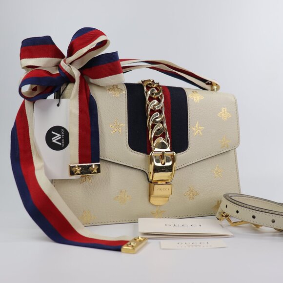Gucci Textured Calfskin Bee Star Print Small Sylvie Shoulder Bag Mystic White - Picture 1 of 16